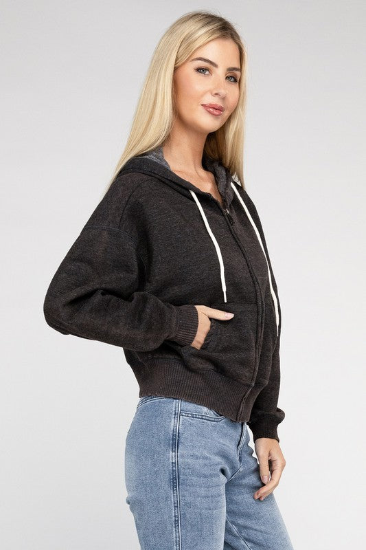 Acid Wash Fleece Cropped Zip-Up Hoodie - Jake J Shop