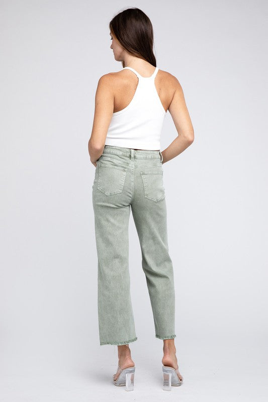 Acid Wash Frayed Cutoff Hem Straight Wide Pants