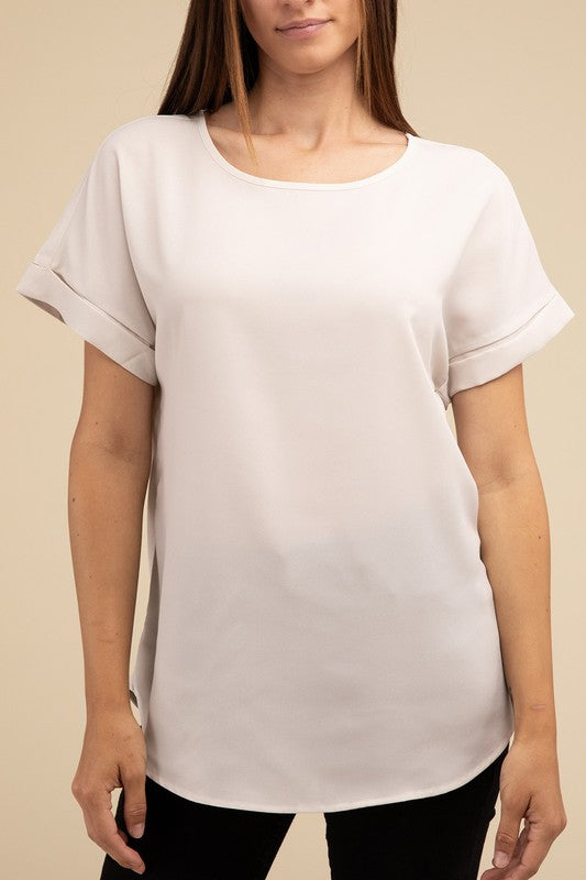 Woven Heavy Dobby Rolled Sleeve Boat Neck Top