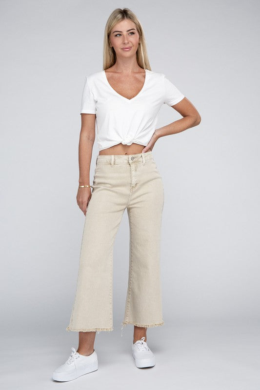 Acid Washed High Waist Frayed Hem Straight Pants