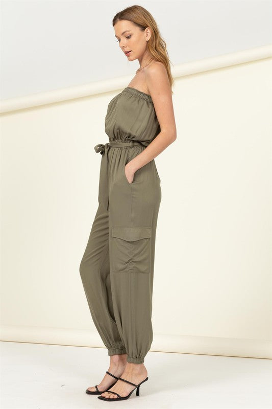 Flap Pocket Side Belted Tube Jumpsuit - Jake J Shop