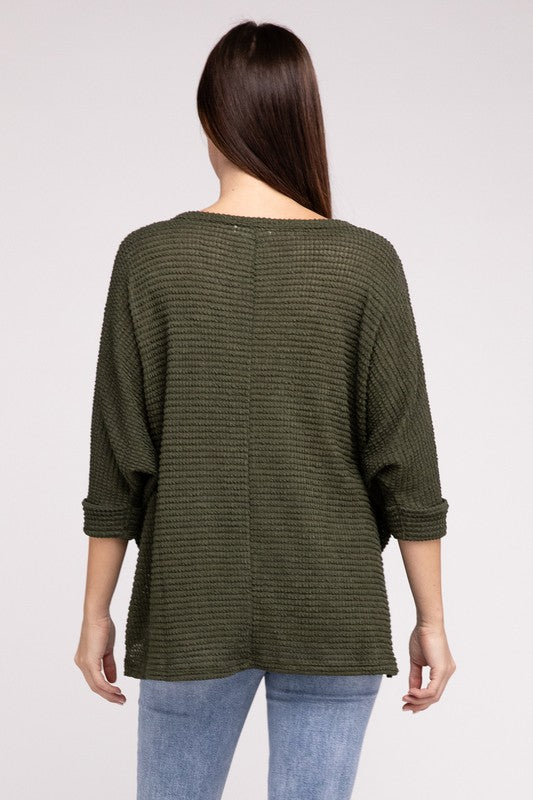 3/4 Sleeve V-Neck Hi-Low Hem Jacquard Sweater