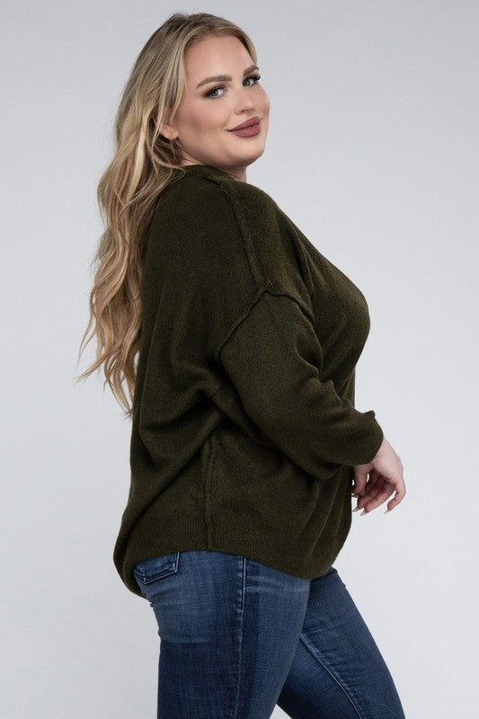 Plus Oversized Round Neck Raw Seam Melange Sweater