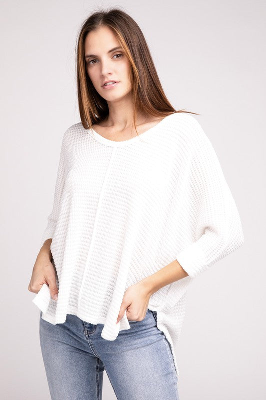 3/4 Sleeve V-Neck Hi-Low Hem Jacquard Sweater