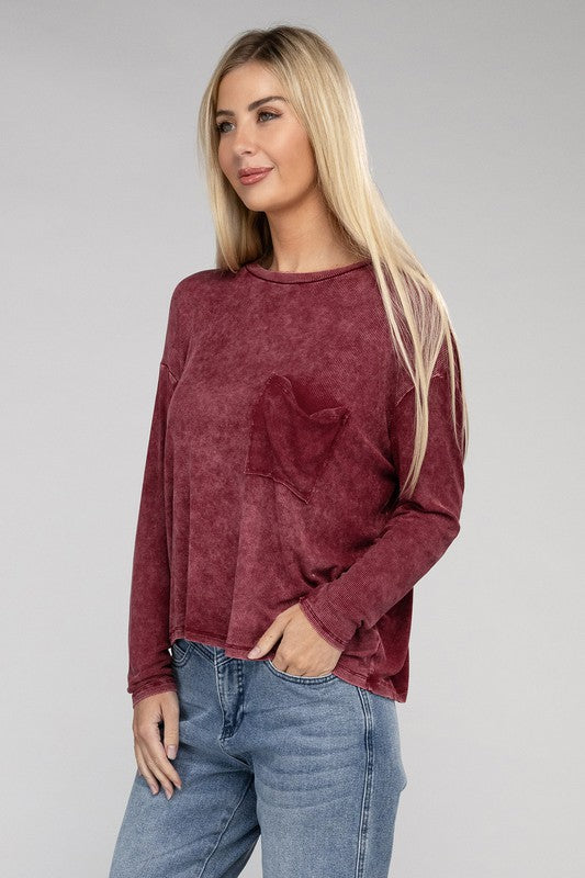 Washed Ribbed Dolman Sleeve Round Neck Top