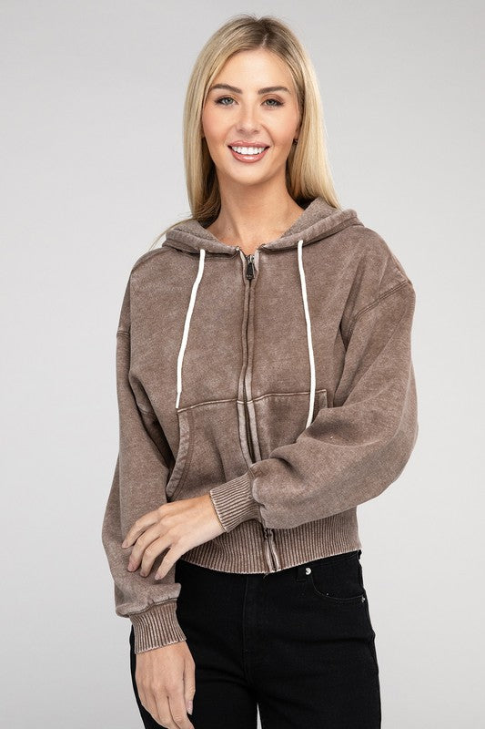 Acid Wash Fleece Cropped Zip-Up Hoodie - Jake J Shop