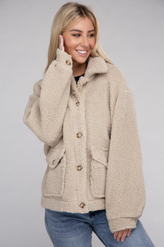 Cozy Sherpa Button-Front Jacket - Jake J Shop