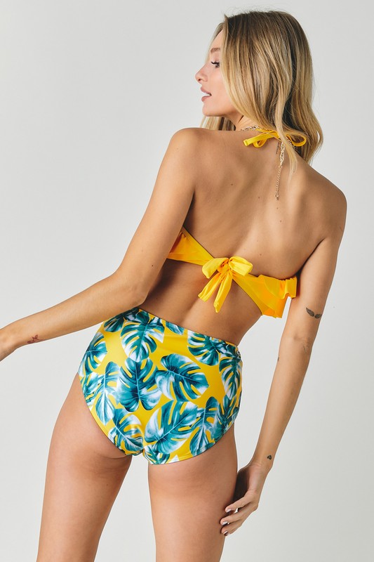 Solid Ruffle Top And Printed Bottom Swimsuit - Jake J Shop