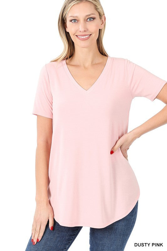 Short Sleeve V-Neck Round Hem Top - Jake J Shop