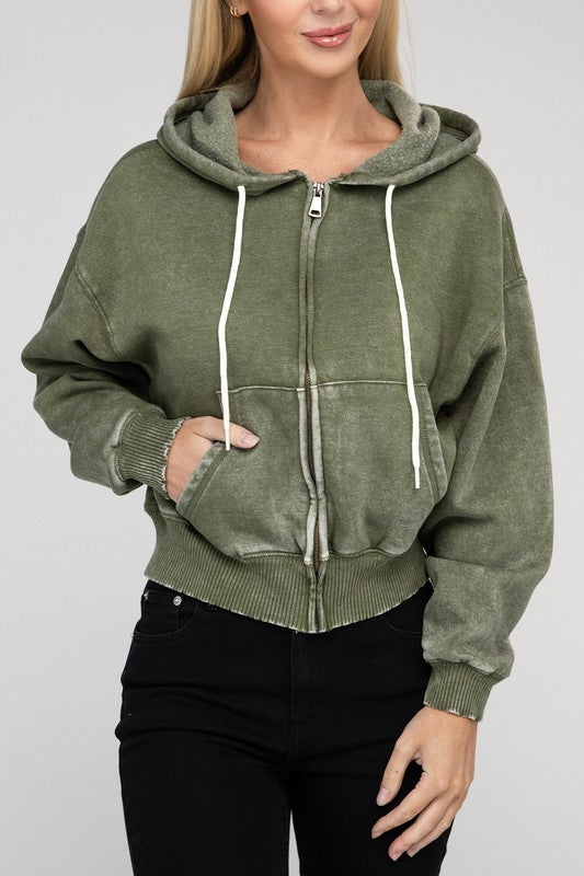 Acid Wash Fleece Cropped Zip-Up Hoodie - Jake J Shop