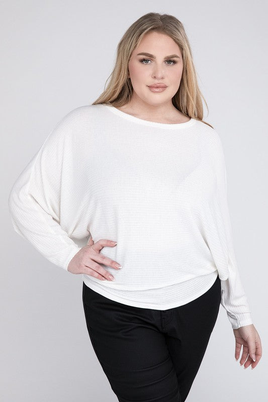 Plus Ribbed Batwing Long Sleeve Boat Neck Sweater