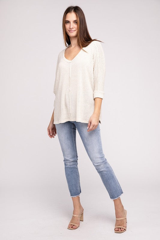 3/4 Sleeve V-Neck Hi-Low Hem Jacquard Sweater