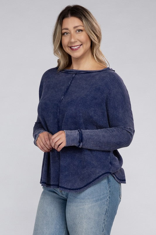 Plus Washed Baby Waffle Oversized Long Sleeve Top