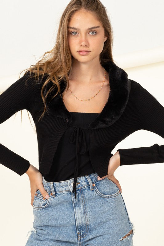 Miss Mesmerize Fur Trim Tie Front Ribbed Cardigan - Jake J Shop