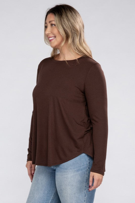 Plus Long Sleeve Round Neck Round Hem Top