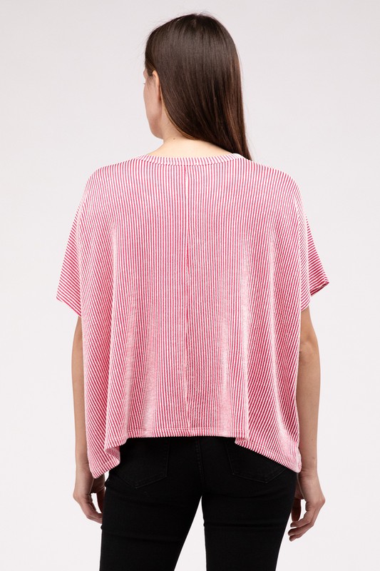 Ribbed Striped Oversized Short Sleeve Top