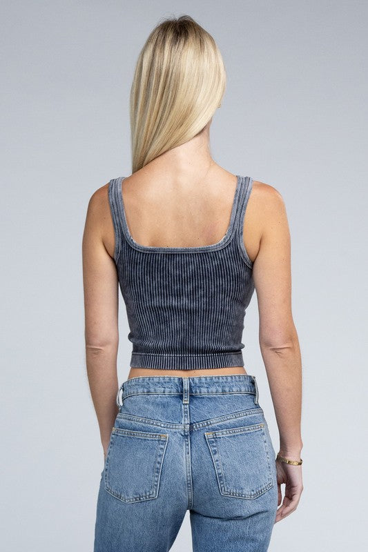 2-Way Neckline Washed Ribbed Cropped Tank Top