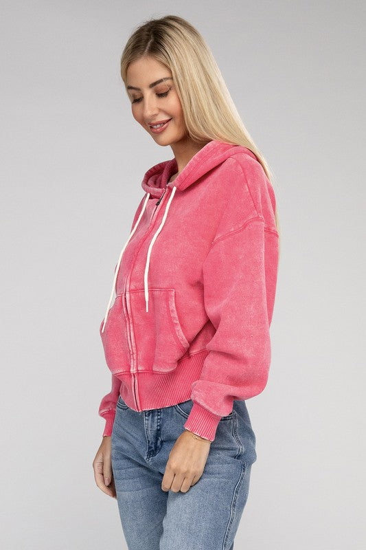 Acid Wash Fleece Cropped Zip-Up Hoodie - Jake J Shop