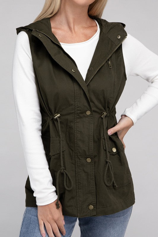 Drawstring Waist Military Hoodie Vest