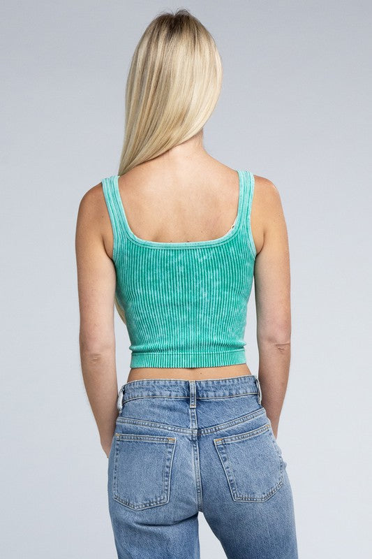 2-Way Neckline Washed Ribbed Cropped Tank Top