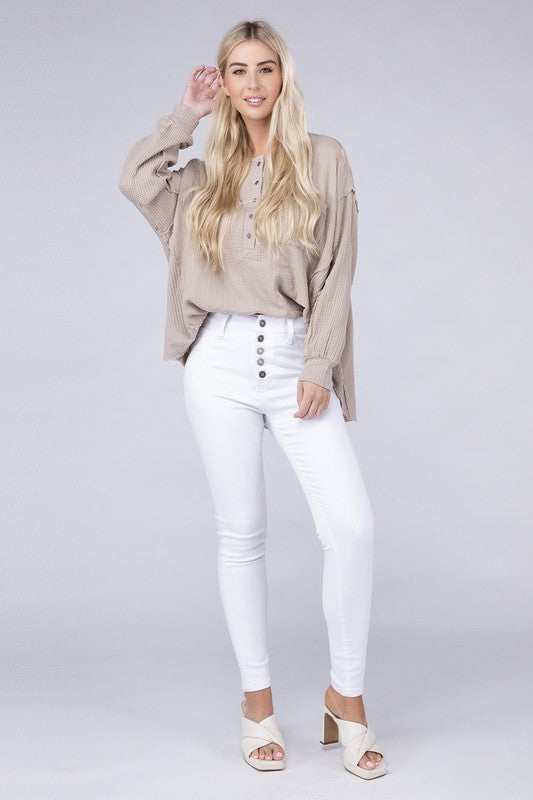 Double Gauze Oversized 3/4 Button Henley Neck Top