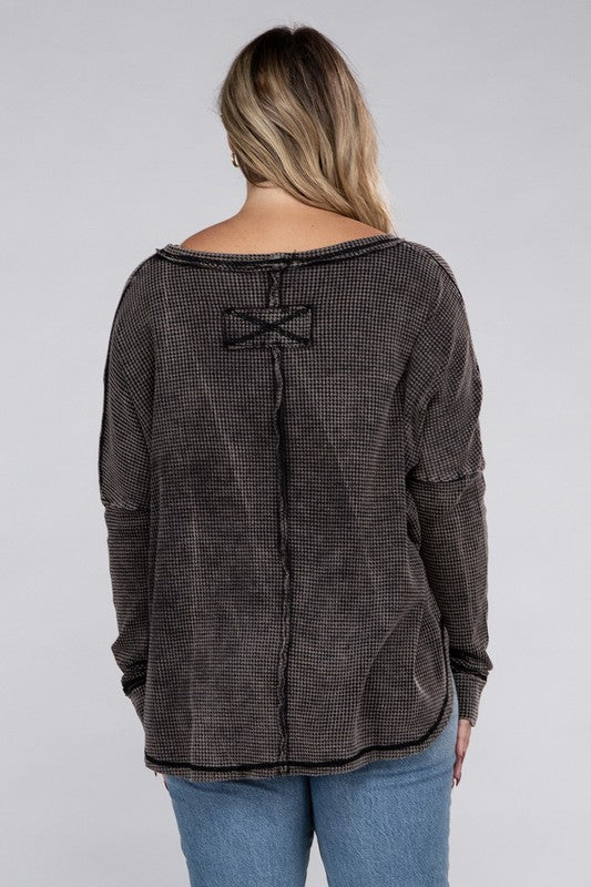 Plus Washed Baby Waffle Oversized Long Sleeve Top