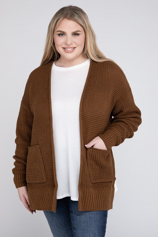 Plus Low Gauge Waffle Open Cardigan Sweater