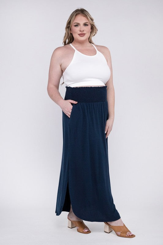 ZENANA Summer Women Plus Size Maxi Skirt w/ Pockets Smocked Waist Side Slit