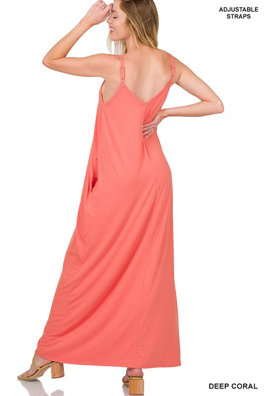 V-Neck Cami Maxi Dress with Side Pockets - Jake J Shop