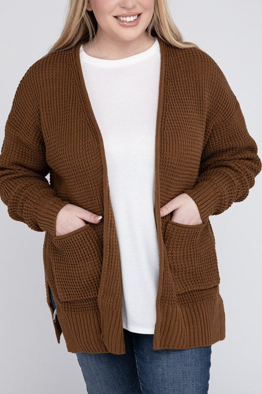 Plus Low Gauge Waffle Open Cardigan Sweater