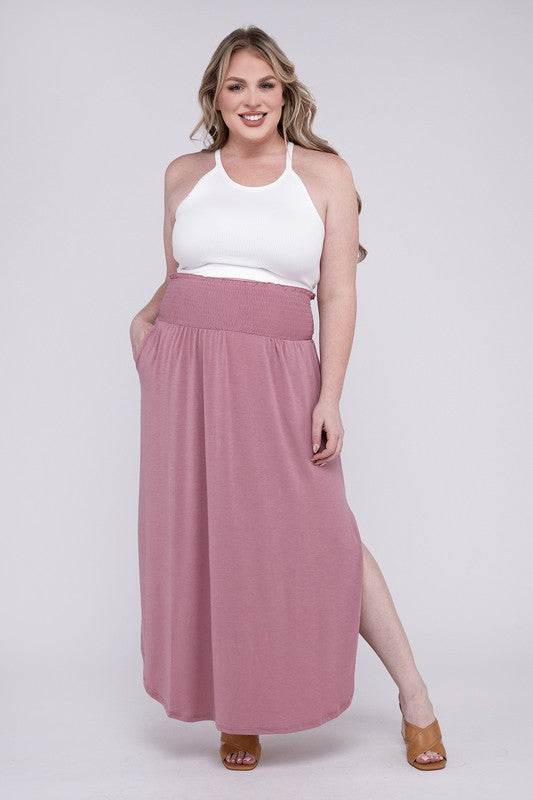 ZENANA Summer Women Plus Size Maxi Skirt w/ Pockets Smocked Waist Side Slit