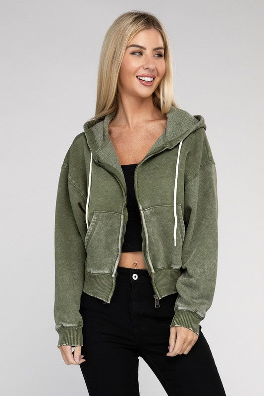 Acid Wash Fleece Cropped Zip-Up Hoodie - Jake J Shop