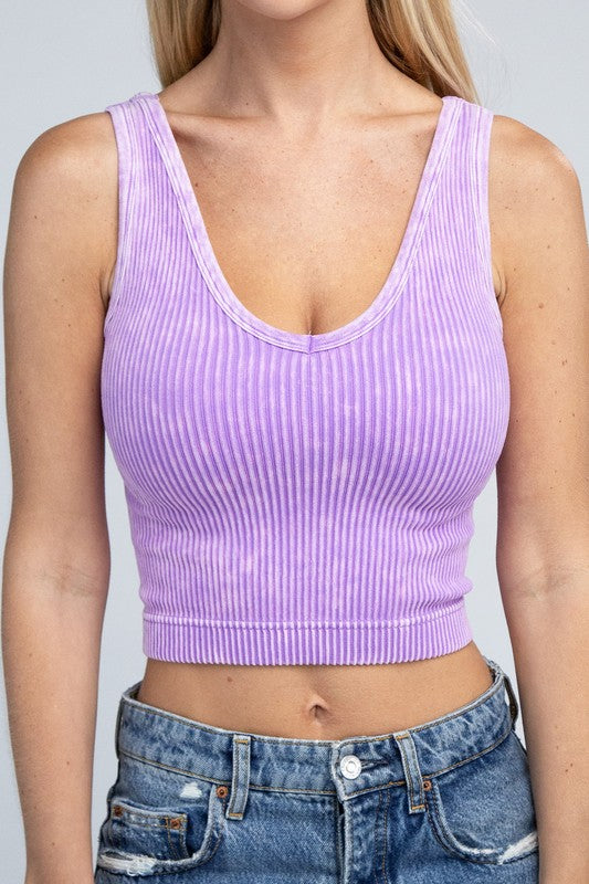 2-Way Neckline Washed Ribbed Cropped Tank Top