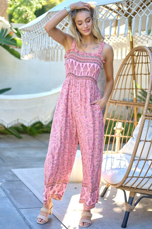 Floral Smocked Detail With Ruffle Jumpsuit - Jake J Shop