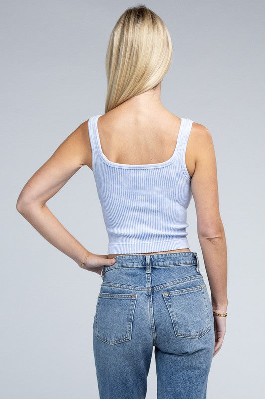 2-Way Neckline Washed Ribbed Cropped Tank Top