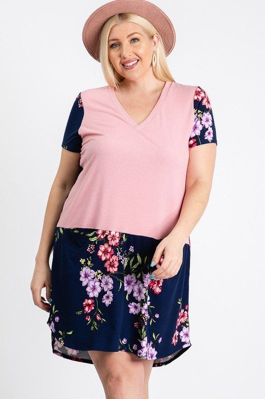 Short Sleeve Floral Blocked Midi Dress With Front Pocket