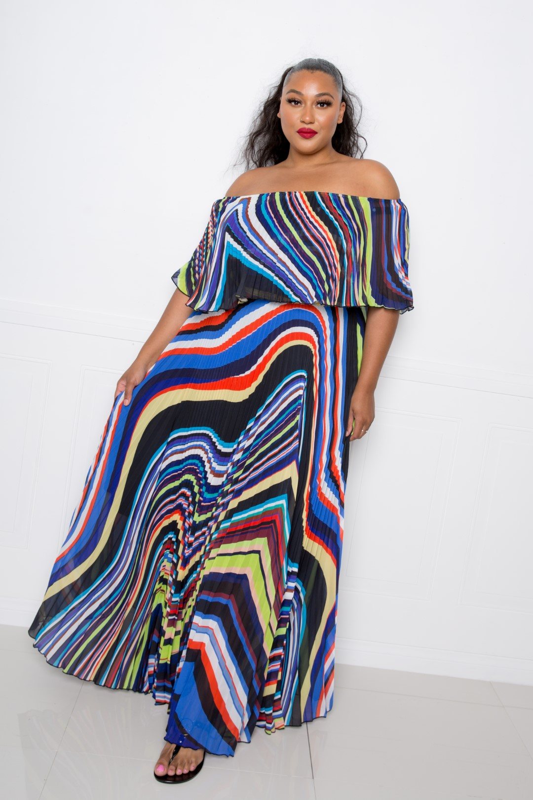 Geo Printed Off Shoulder Pleated Maxi Dress