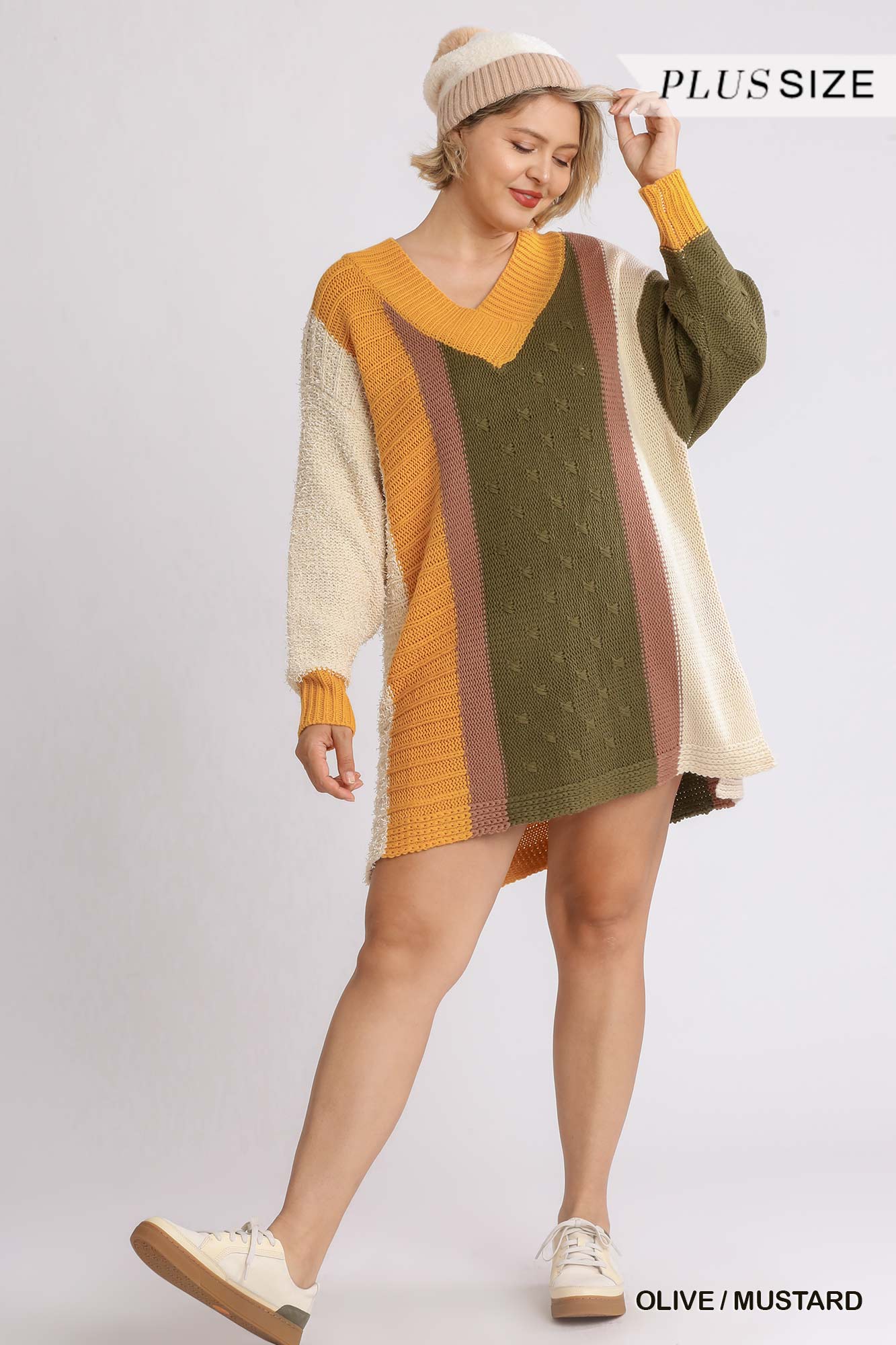 Oversized Multicolor Bouclé V-neck Pullover Sweater Dress With Side Slit