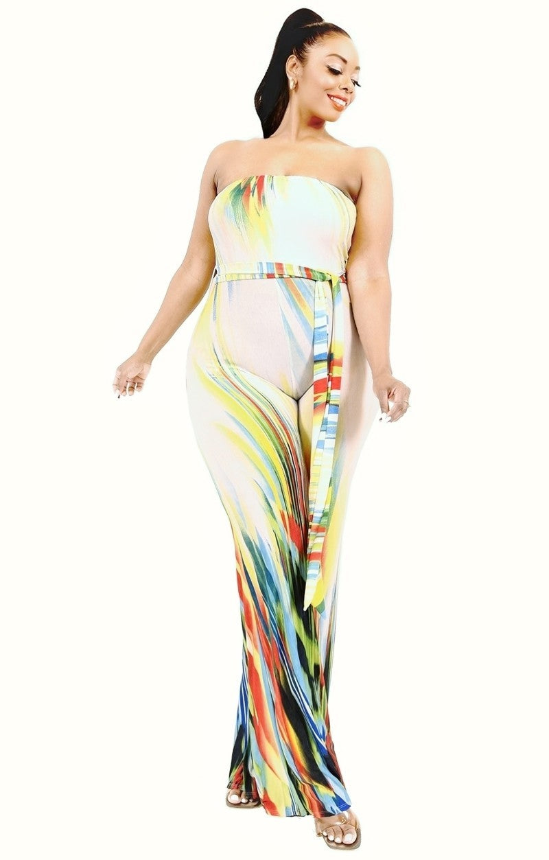 Plus Off Shoulder Color Brushed Tie Waist Jumpsuit