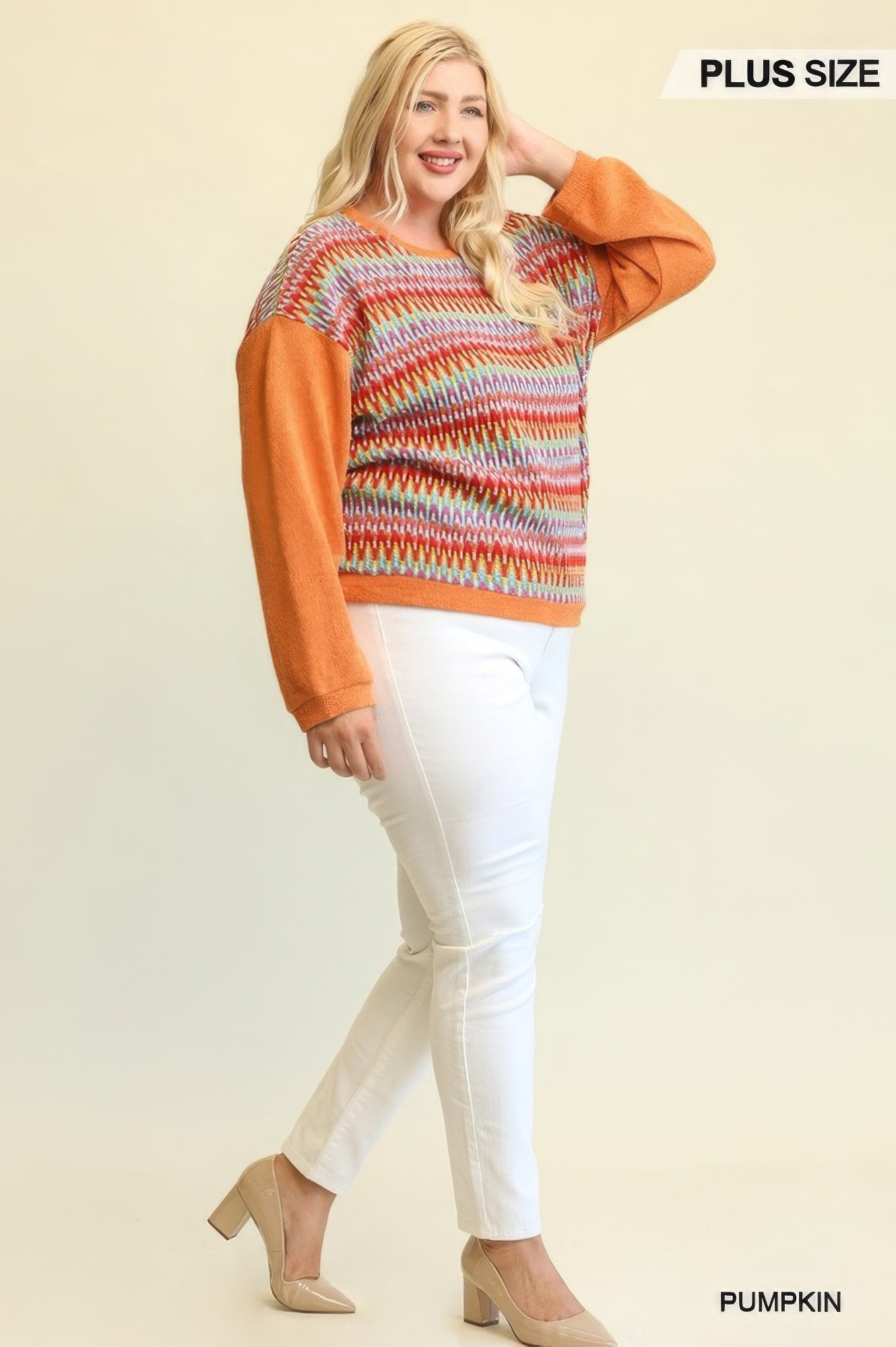 Novelty Knit And Solid Knit Mixed Loose Top With Drop Down Shoulder