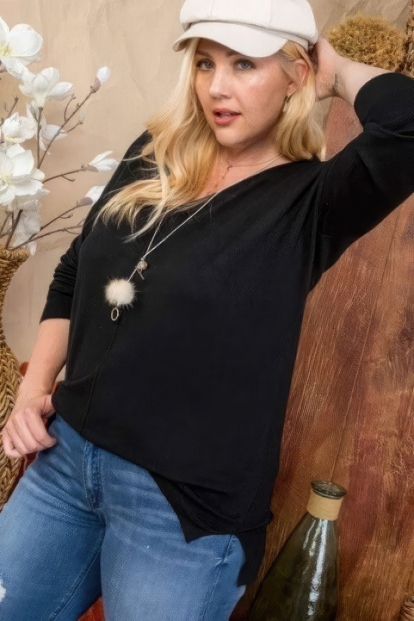 Plus Size V Neck 3/4 Sleeve Side Slit Hi-lo Sweater