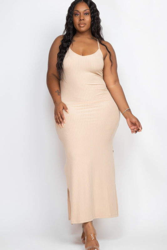 Plus Size Ribbed Side Slit Long Cami Maxi Dress