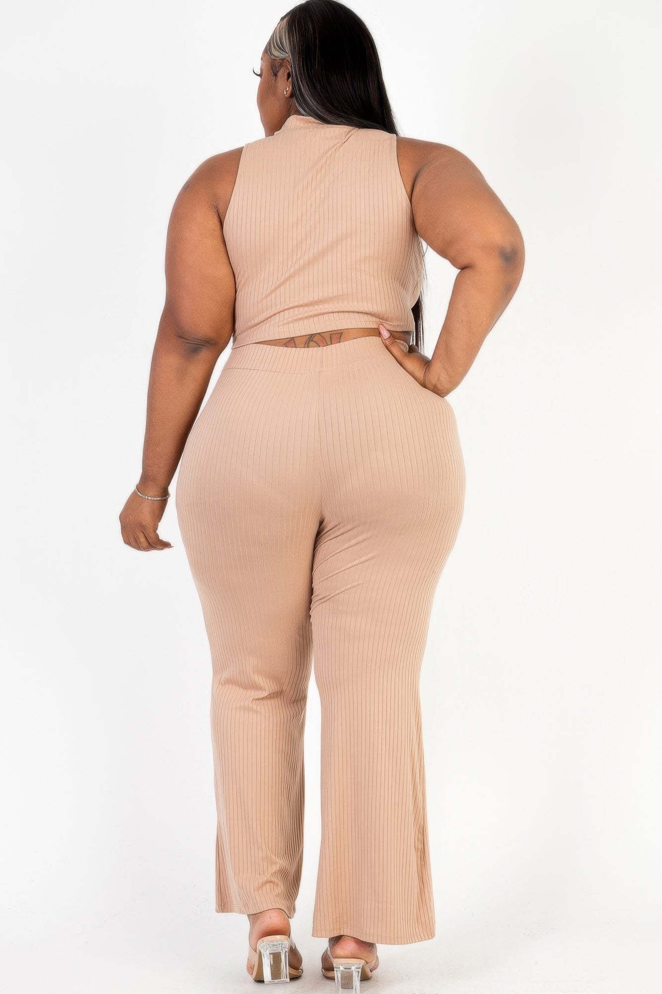 Plus Size Ribbed Mock Neck Crop Tank Top& Bootcut Pants Set