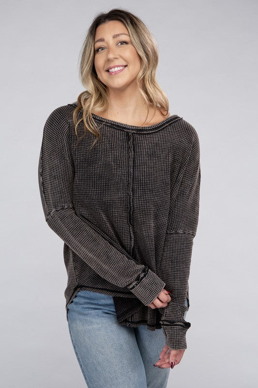 Plus Washed Baby Waffle Oversized Long Sleeve Top