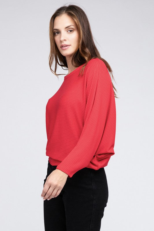 Ribbed Batwing Long Sleeve Boat Neck Sweater