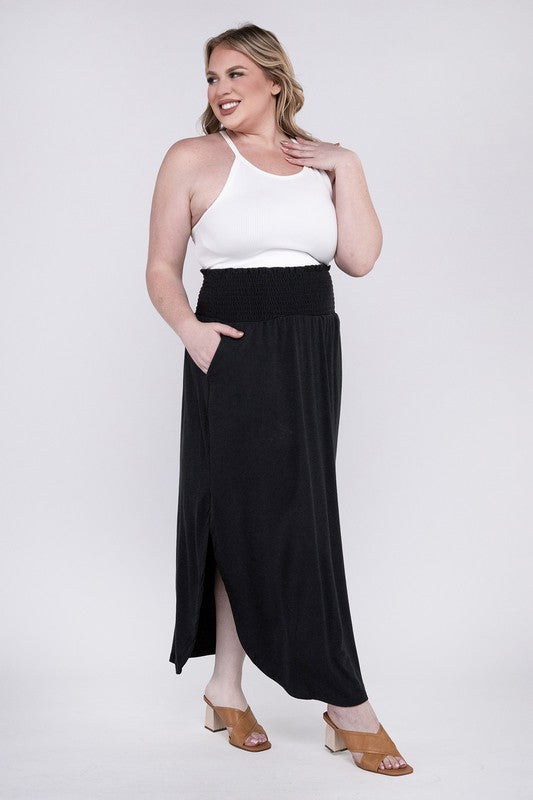 ZENANA Summer Women Plus Size Maxi Skirt w/ Pockets Smocked Waist Side Slit