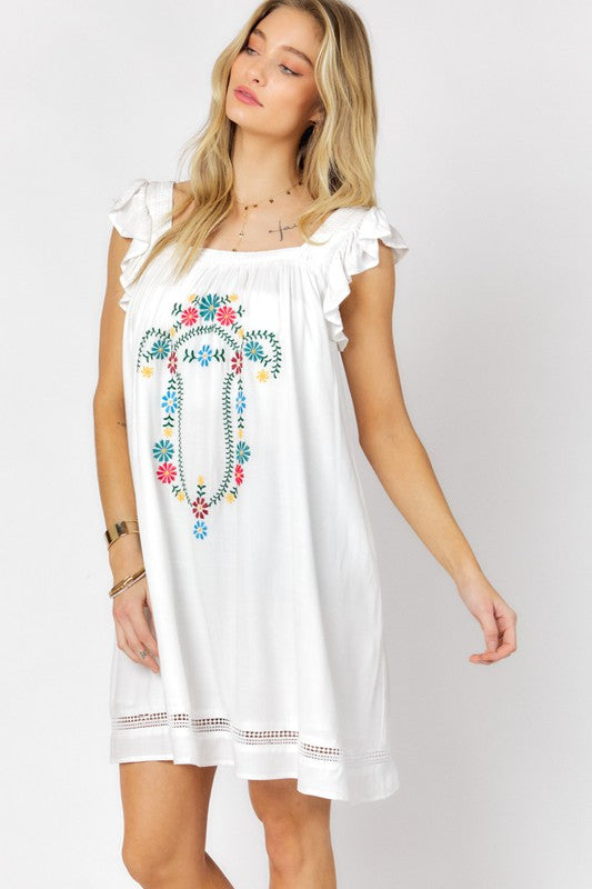 Embroidered Square Neck Mini Dress - Jake J Shop