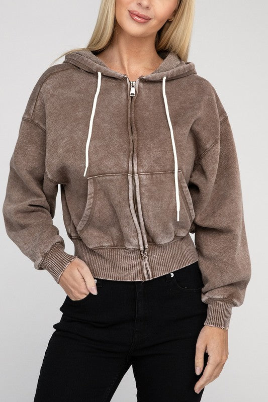 Acid Wash Fleece Cropped Zip-Up Hoodie - Jake J Shop