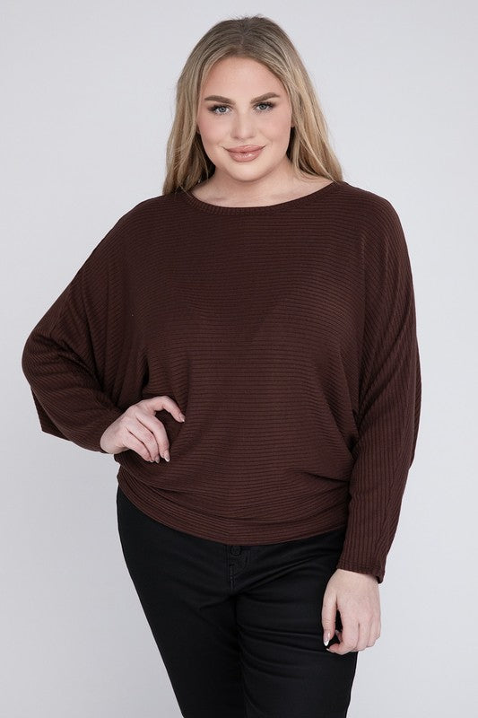 Plus Ribbed Batwing Long Sleeve Boat Neck Sweater