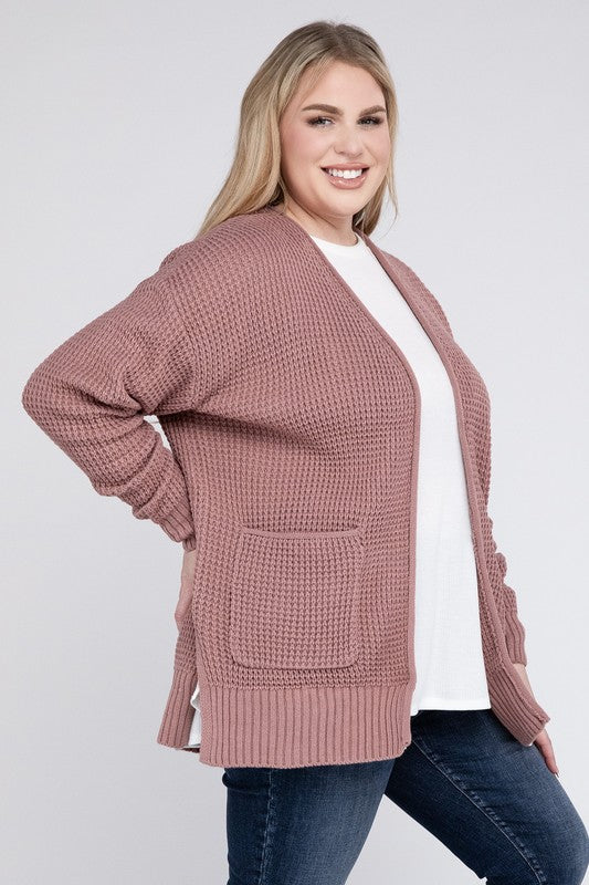 Plus Low Gauge Waffle Open Cardigan Sweater